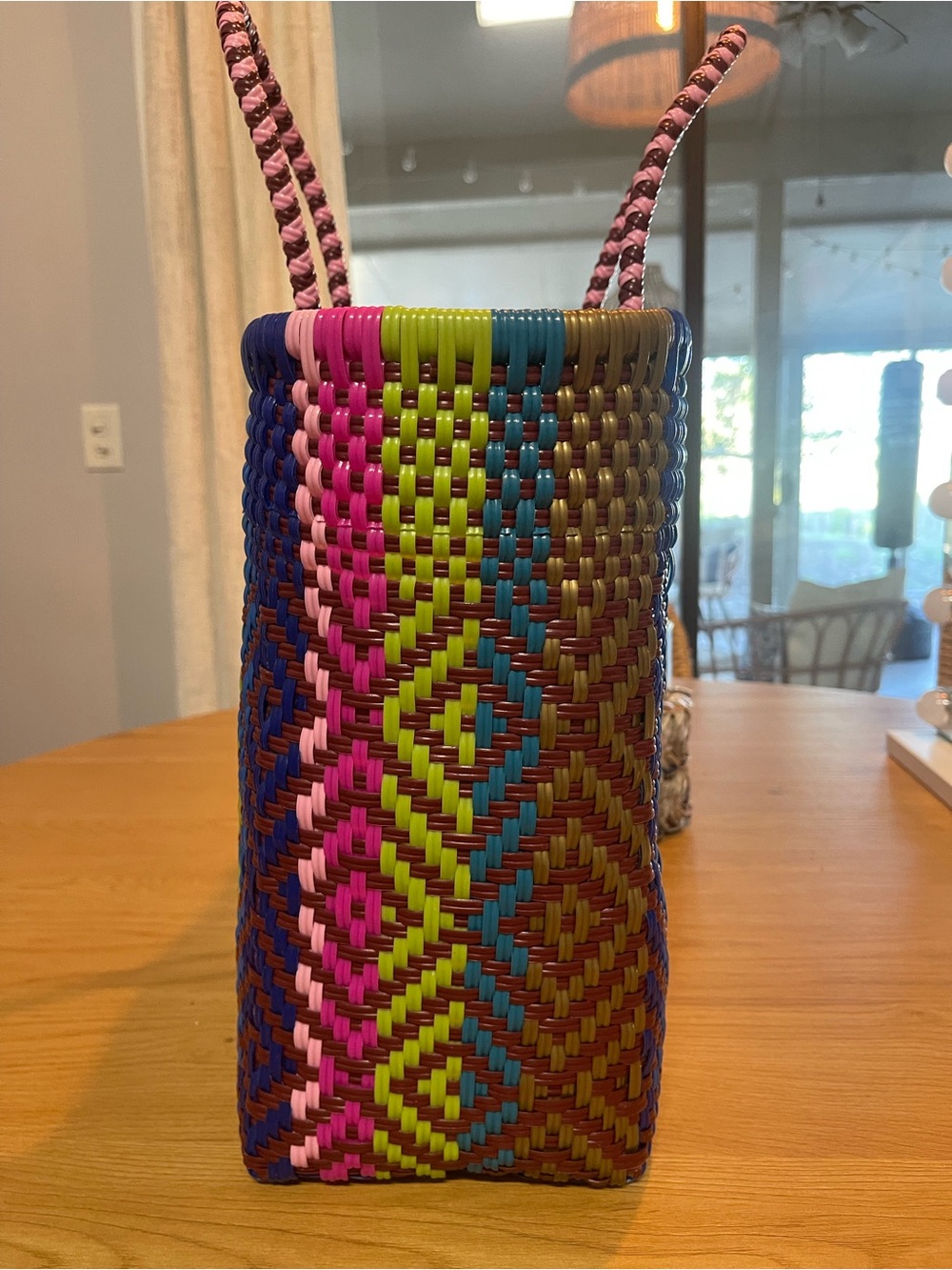 Handwoven Multicolor Tote Bag with Pink Handles - Picture 6 of 6